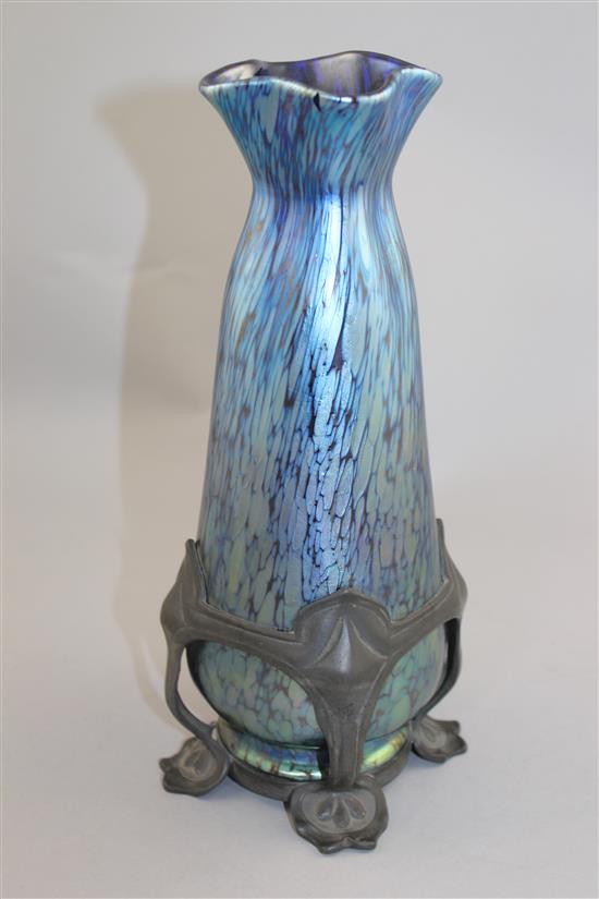 An Art Nouveau Loetz iridescent glass and pewter mounted bottle vase, c.1895, 25cm